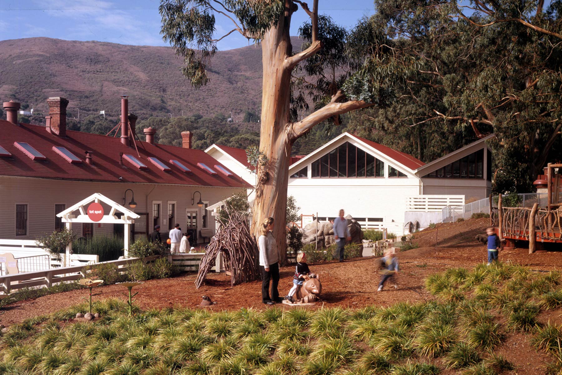 The Bay Area Discovery Museum campus in Sausalito, a nationally recognized children’s museum, has been renovated and expanded to sensitively integrate a new theater building and exhibit areas within the historic context of Fort Baker.