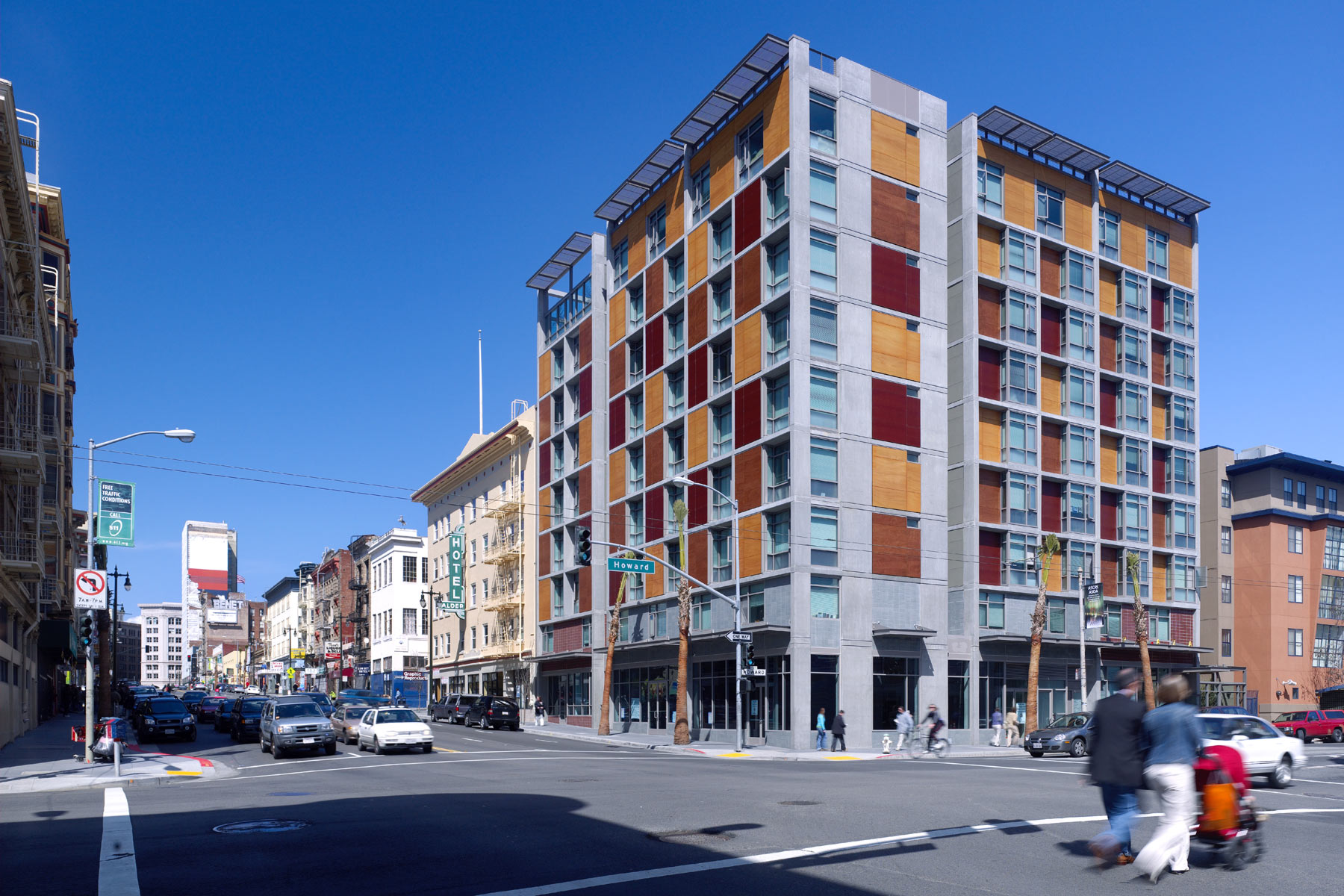 The Plaza Apartments in San Francisco was the first new permanent housing for formerly homeless residents; located in the South of Market neighborhood, the affordable housing complex achieves a sustainable goal of being certified LEED Silver and includes supportive services for residents.