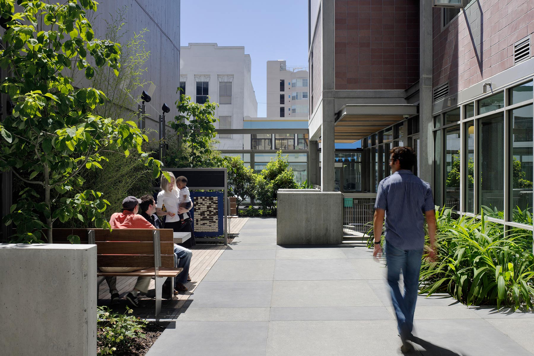 The Plaza Apartments in San Francisco was the first new permanent housing for formerly homeless residents; located in the South of Market neighborhood, the affordable housing complex achieves a sustainable goal of being certified LEED Silver and includes supportive services for residents.