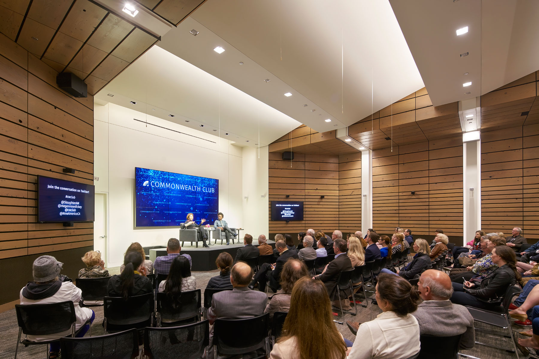 The Commonwealth Club of California’s new location on San Francisco’s waterfront is in an existing historic structure built in 1910 and was the site of the 1934 Longshoreman’s strike; the building has an aggressive sustainability agenda and is targeting LEED Gold certification, and provides meeting spaces, an auditorium, a library, and a boardroom.