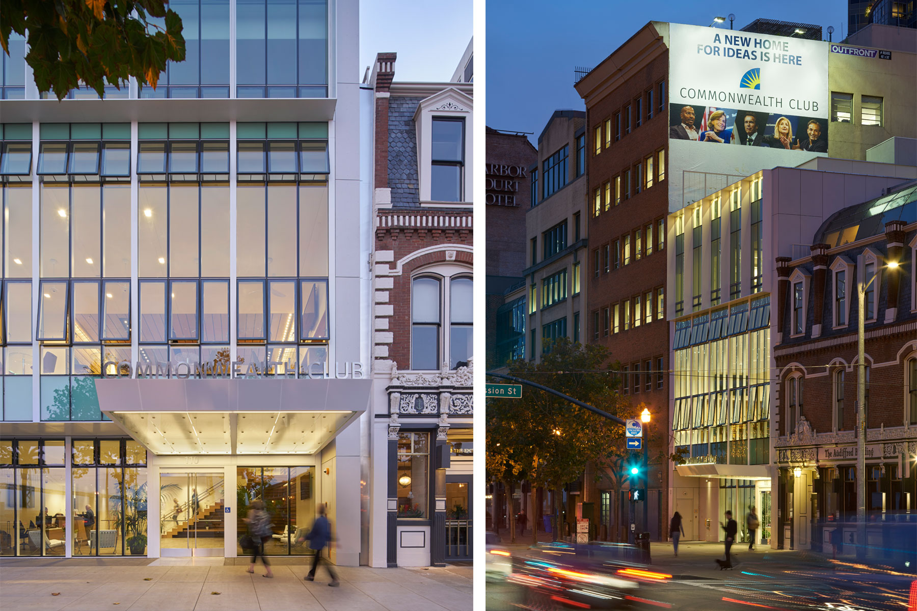 The Commonwealth Club of California’s new location on San Francisco’s waterfront is in an existing historic structure built in 1910 and was the site of the 1934 Longshoreman’s strike; the building has an aggressive sustainability agenda and is targeting LEED Gold certification, and provides meeting spaces, an auditorium, a library, and a boardroom.